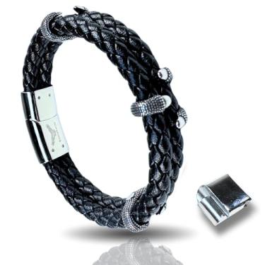 Imagem de RogueRaven Pulseira masculina de couro preto Premium I | Couro trançado genuíno: designs de corrente simples, dupla, empilhada e de aço inoxidável | Pulseira masculina de couro genuíno com fecho de