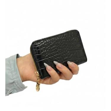 Imagem de Carteira feminina de couro genuíno com dobra dupla/tripla - Suporte minimalista para cartão de crédito com bloqueio de RFID e bolso para moedas, Preto, Casual