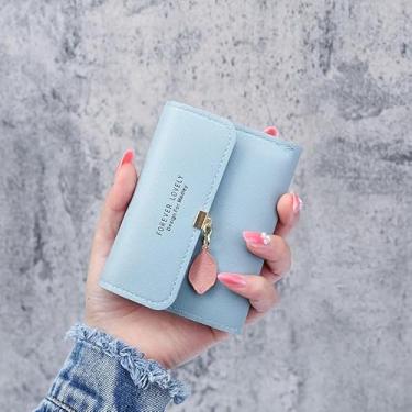 Imagem de Carteira feminina de couro genuíno com dobra dupla/tripla - Suporte minimalista para cartão de crédito com bloqueio de RFID e bolso para moedas, Azul, Casual