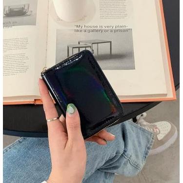 Imagem de Carteira feminina de couro genuíno com dobra dupla/tripla - Suporte minimalista para cartão de crédito com bloqueio de RFID e bolso para moedas, Preto, Casual