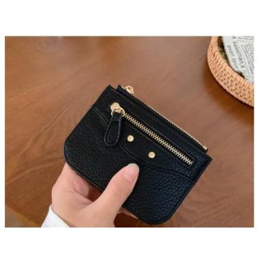 Imagem de Carteira feminina de couro genuíno com dobra dupla/tripla - Suporte minimalista para cartão de crédito com bloqueio de RFID e bolso para moedas, Preto, Casual