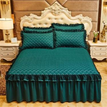 Imagem de Capa de colchão de casal com babados, saia acolchoada e elástico, para cama de solteiro e casal, verde, 200x220cm, 1 peça