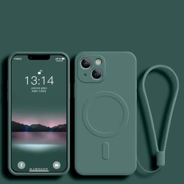Imagem de Capa magnética com carregamento sem fio para iPhone 15, 16, 14, 13, 12, 11 Pro Max, Mini 16e, XS Plus, capa com alça de silicone líquido macio, verde escuro, para iPhone 12 Pro