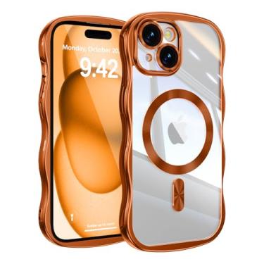 Imagem de UEEBAI Capa para iPhone 15, linda capa de celular magnética com moldura ondulada compatível com Magsafe capa de proteção completa para câmera macia galvanizada para mulheres e meninas - laranja