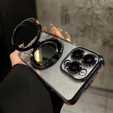Imagem de Capa com efeito degradê e espelho brilhante para iPhone 15 14 13 11 12 16 17 Pro Max Air Xr Xs 16 Plus com suporte e função de maquiagem (para iPhone 16/Preto)