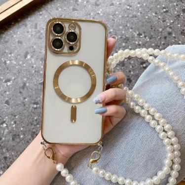 Imagem de Capa de carregamento sem fio magnética Pearl Crossbody com cordão para iPhone 15, 16, 16E, 14, 13, 12, 11 Pro Max Plus, dourada, para iPhone 11