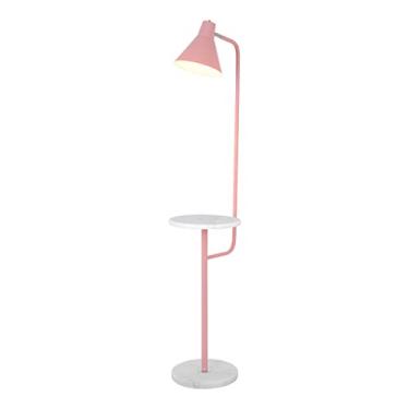 Imagem de Luminária de chão moderna e minimalista com prateleira - Altura ajustável, base de metal, luz de leitura LED multicolorida, decoração elegante para sala de estar e quarto.