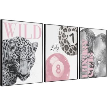 Imagem de Conjunto de 3 estampas de leopardo rosa na moda arte de parede em tela Funky Disco Lucky 8 Ball Poster Wild Cheetah decoração de parede para quarto feminino quarto quarto quarto pintura 30,5 x 40,6 cm