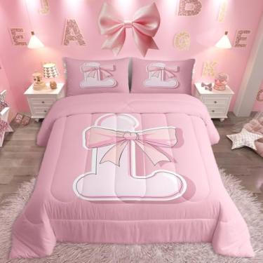 Imagem de jejeloiu Conjunto de cama king com laço rosa, presente para mulheres, adolescentes, ultramacio, personalizado, com inicial G, edredom romântico, conjunto de edredom para decoração de quarto