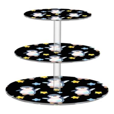 Imagem de Suporte de cupcake para festa de chá de 3 camadas, pinguins fofos, estrelas, copo de acrílico, torre de bolo, bandeja de servir chá de bebê, mesa de deserto, exibição de bolo, comida rosa