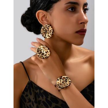 Imagem de Conjunto de joias femininas, brincos geométricos quadrados sexy com estampa de leopardo, anel, pulseira, adequado para uso diário no outono e inverno ou como presente, formato redondo