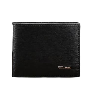 Imagem de Carteira masculina dobrável de couro curta, carteira essencial simplificada (preto)