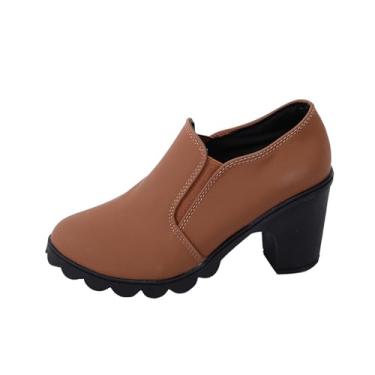 Imagem de Pantufas femininas casuais com salto grosso e bico fechado plataforma design de bico redondo para primavera, verão, uso ao ar livre e interno, Caqui, 36