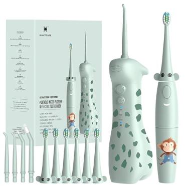 Imagem de Kit de limpeza bucal infantil 2-1 - Combo de irrigador bucal e escova de dentes elétrica para crianças - escovação e fio dental - seguro e eficaz - Tema fofo de girafa e macaco