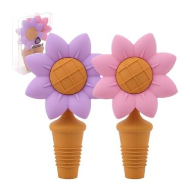 Imagem de RICHCEE 2 peças de rolha de garrafa de vinho, linda rolha de garrafa de vinho de silicone de girassol, reutilizável para manter o vinho fresco (rosa e roxo)