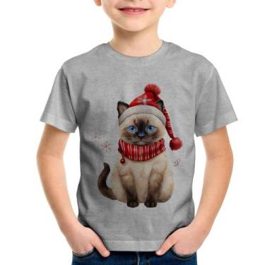 Imagem de Camiseta Infantil Gato Natalino Gorro e Cachecol - Foca na Moda, Cinza