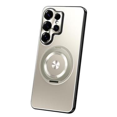 Imagem de POYUFRG Capa magnética para Samsung Galaxy S26 Ultra/S26 Plus/S26, capa fina de metal galvanizado fosco com capa de proteção de lente com suporte giratório, dourada, S26