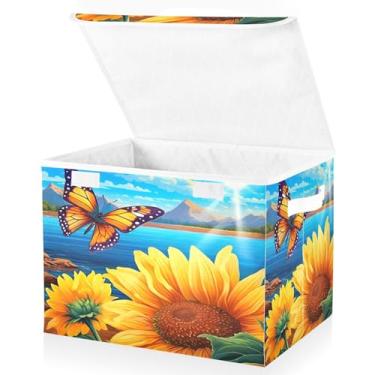 Imagem de Blueangle Cestos de armazenamento de borboleta de girassol com tampas, 42 x 32 x 30 cm, grande cesta organizadora dobrável para decoração de casa e escritório (308)