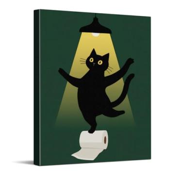 Imagem de Arte de parede engraçada de gato preto para banheiro, humor gato preto dança em papel higiênico, pôster de banheiro de animal verde peculiar, arte de parede de pintura em tela de animal fofo para