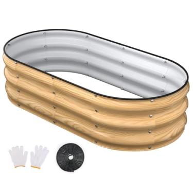 Imagem de Patiobay Canteiros elevados galvanizados de 10 x 5 x 3 m, cama de jardim elevada com bordas e luvas de segurança, caixa oval de metal para jardinagem, vegetais, flores, ervas, carvalho natural