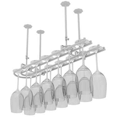 Imagem de AkosOL Suporte para copos de vinho, suporte para copos de vinho para pendurar em casa, suporte de teto suspenso, moldura de ferro, suporte grande para garrafa de vinho (branco 100 x 25 cm)