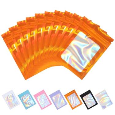 Imagem de Tiparts 100 unidades de sacos holográficos Mylar, 7 x 9,9 cm, sacos resseláveis laranja com janela frontal transparente para armazenamento de alimentos, joias, doces, embalagens para pequenas empresas