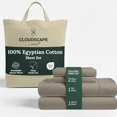 Imagem de Jogo de cama casal de algodão egípcio de camada dupla Cloud Scape Linen – Trama de cetim de fibra longa, conjunto de cama macio de qualidade hoteleira de 4 peças, bolsos profundos de até 43 cm
