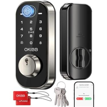 Imagem de Fechadura de porta de entrada sem chave, fechadura inteligente OKIBB 5 em 1 com Wi-Fi embutido, impressão digital/senha/chaveiro, controle remoto de aplicativo, bloqueio automático e bloqueio de um