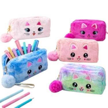 Imagem de Estojo Escolar Feminino Box Grande Infantil Fofo Gatinho Colorido Com Alça Para Pendurar Removível Material Escola (Multicolorido)