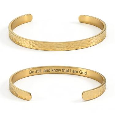 Imagem de cusurlove Pulseira feminina com versículo da Bíblia inspiradora martelada banhada a ouro 18 K, presente de joia de fé cristã, ajustável, não mancha, Medium, Aço inoxidável, Sem Pedra Preciosa