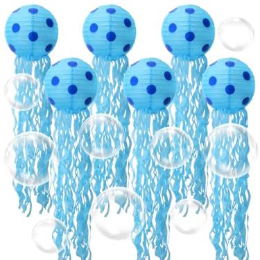 Imagem de 6 conjuntos de decorações de festa esponja de 20 cm de lanternas de papel água-viva com 100 peças de balões transparentes de 12 cm e 25 cm para decorações de aniversário sereia oceano