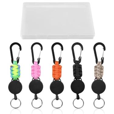 Imagem de LEONTOOL Porta-chaves retráteis, 5 peças, mosquetão resistente, porta-crachás retrátil, porta-identidade, chaveiro extensível, cordão com cordão de aço de 60 cm, 5 cores brilhantes, com estojo de