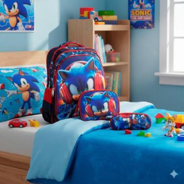 Imagem de Kit Mochila Bolsa Infantil Sonic 3D Costas Reforçada Grande - Plike