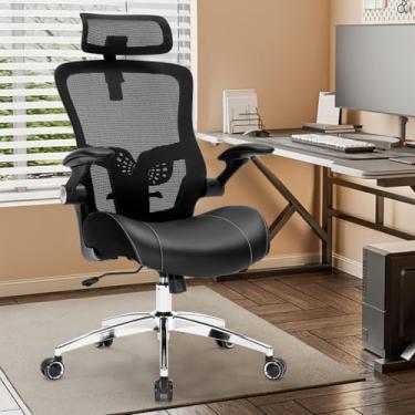 Imagem de Cadeira de escritório ergonômica - 181 kg grande e alta resistente, almofada de espuma de modelagem 3D larga e macia, cadeira de escritório em casa com encosto de cabeça ajustável, cadeira executiva