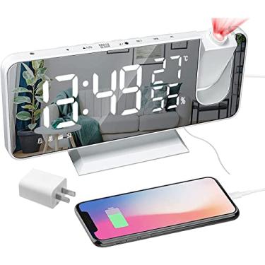 Imagem de Despertador digital de projeção para quartos, rádio despertador no teto, porta do carregador USB, visor de temperatura e umidade, visor de LED espelhado grande de 7,3 polegadas, 12/24h, soneca, despertador duplo alto - 4 reguladores de intensidade de luz