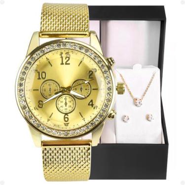 Imagem de relogio feminino dourado strass + brincos + colar + caixa social redon