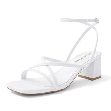 Imagem de Shoe'N Tale Salto com tiras para mulheres, salto baixo, grosso, salto quadrado, bico aberto, tira no tornozelo, sandálias de salto, Branco, 34
