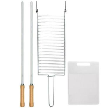 Imagem de Kit Preparo Churrasco 4pcs Churrasqueira Grelha 2 Espeto Simples 65cm 