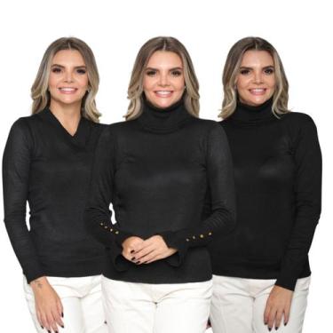 Imagem de Kit 3 Blusas Feminina de Tricot Manga Longa Tendência Frio 2024 - SP/C