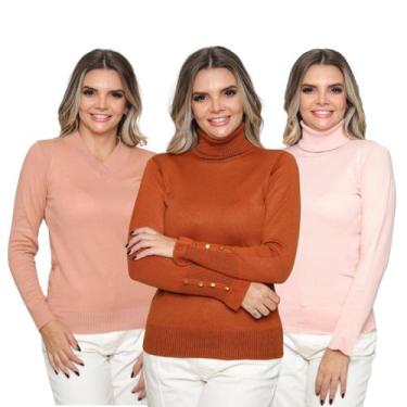 Imagem de Kit 3 Blusas Feminina de Tricot Manga Longa Tendência Frio 2024 - SP/C