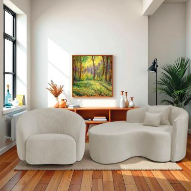 Imagem de Kit Recamier Curvo Sala De Estar Inglaterra 150cm Lado Esquerdo E Poltrona Orgânica Luxo Amore Linho Bege