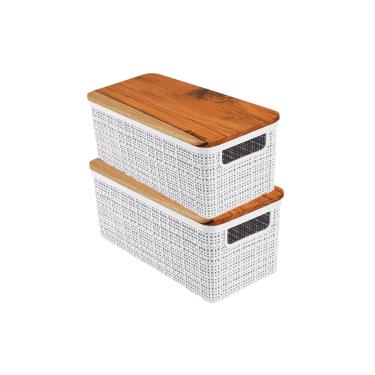 Imagem de Kit 2 Cesto Organizador Juta de Plástico Resistente Com Tampa de Madeira Capacidade 1,5 Litros Branco