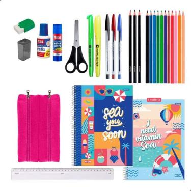 Imagem de Kit Material Escolar 2 Cadernos 96fls Estojo + Itens Feminino - Darujo