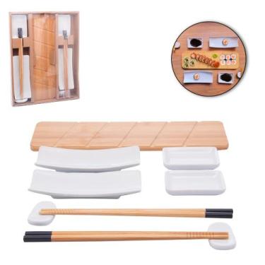 Imagem de Conjunto para Sushi com 4 Pratos, Molheiras e 2 Suportes de Porcelana 