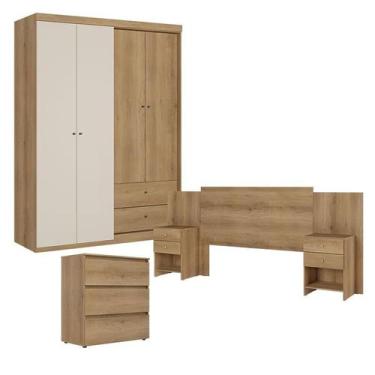 Imagem de Guarda Roupa Solteiro Star 4 Portas Capuccino Off White com Cômoda Gav