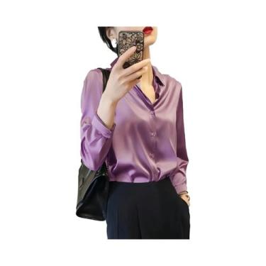 Imagem de Blusas Femininas Elegantes com Manga Longa, Acabamento em Cetim e Botõ