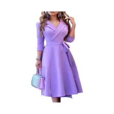 Imagem de Vestido Feminino Com Decote Em V E Manga Média, Cintura Ajustável, Est