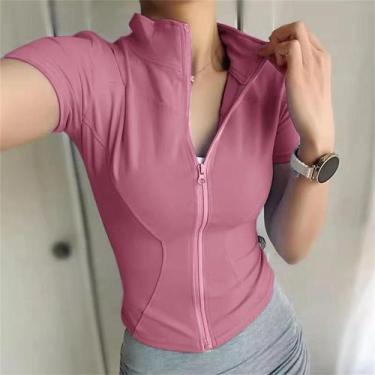 Imagem de Camisetas Femininas Slim Fit De Verão Para Yoga Com Gola Alta, Zíper, 