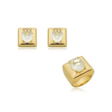 Imagem de Conjunto Quadrado com Pedra Oval de Cristal Banhado a Ouro - VIDIÈ, 19