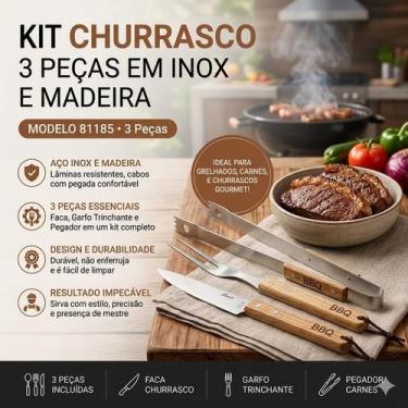 Imagem de KIT Churrasco 3 Peças Faca, Garfo e Pegador de Inox e Madeira - Casita